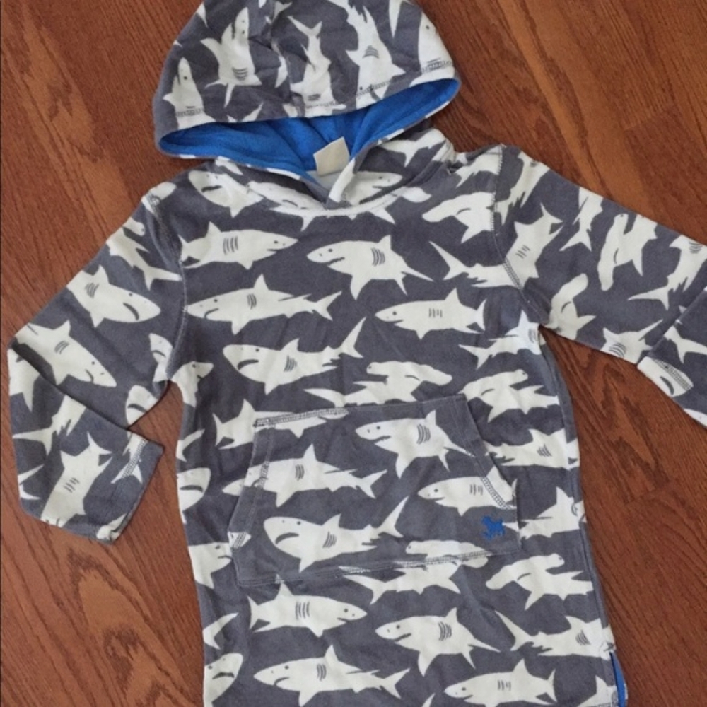 {Mini Boden} Kids Gray Shark Print Terry Cloth Towel Cover Up Hoodie